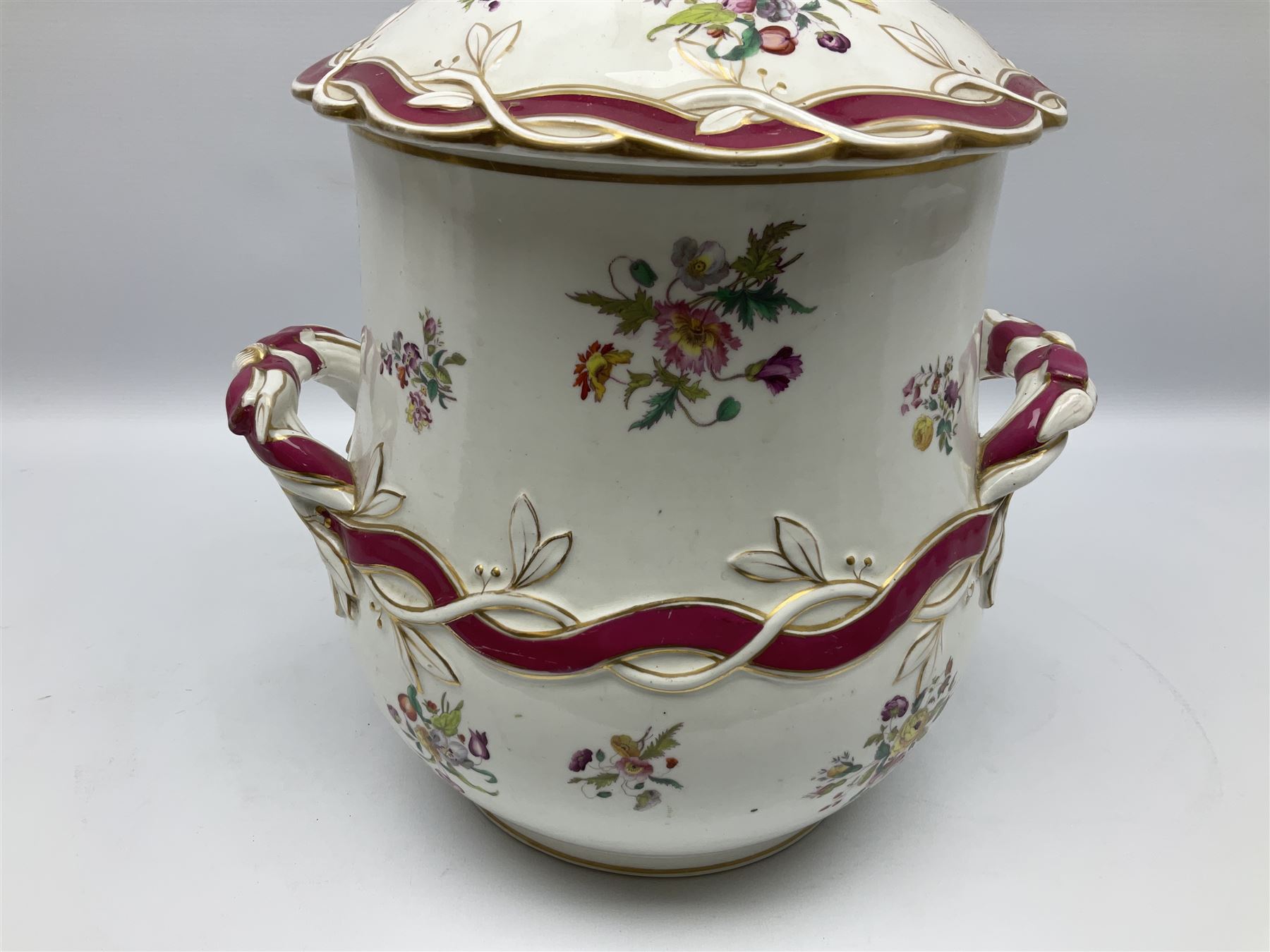 Large Victorian twin handled water pail and cover, of slightly bellied form decorated with floral sprays and moulded vine and ribbon detail, H36.5cm