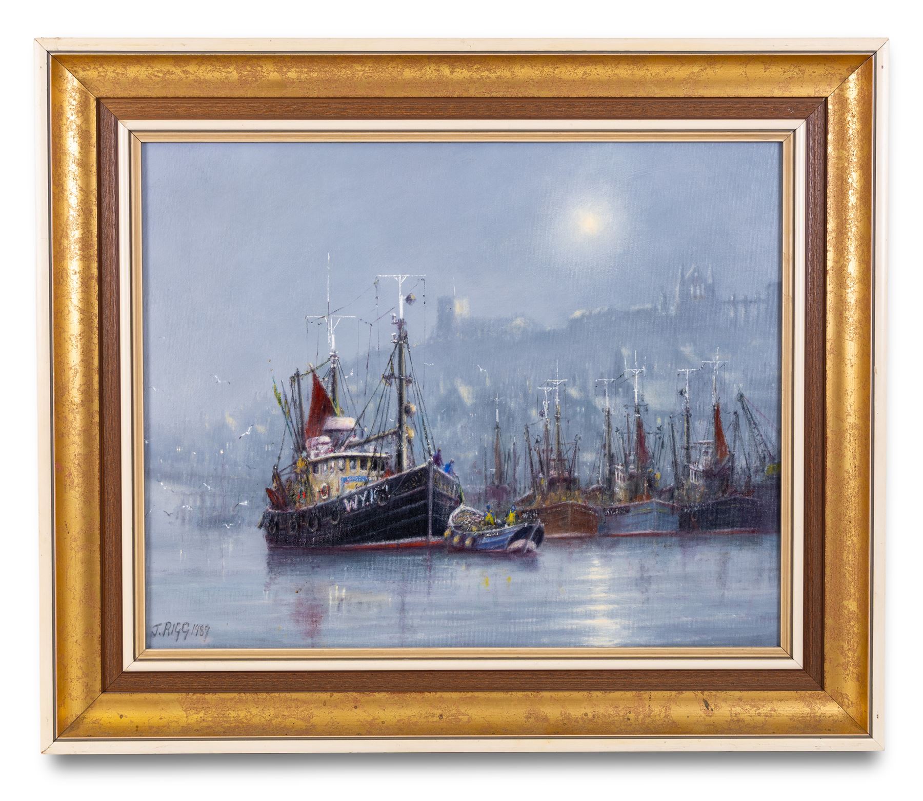 Jack Rigg (British 1927-2023): 'Welcome Break' - Misty Whitby Harbour, oil on canvas board signed and dated 1989, titled verso 39cm x 49cm