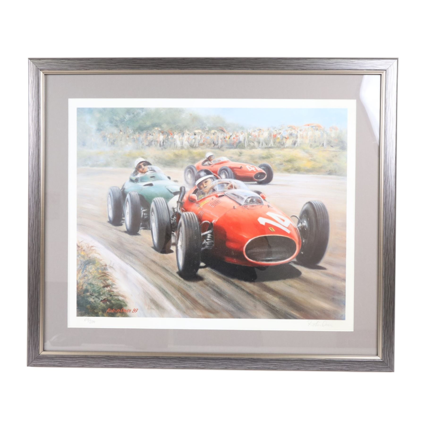 Two limited edition signed motor racing prints, the first by Ray Goldsborough depicting a Sharknose Ferrari 156 driven by Wolfgang Von Trips at the Monaco Grand Prix 1961, limited edition no. 36/475, the second by Robin Owen depicting a Sharknose Ferrari, limited edition no. 64/500, both numbered and signed by the artists, largest H56cm, W66cm