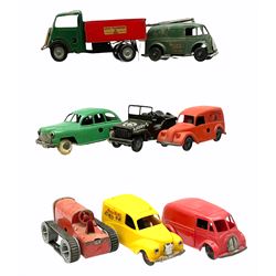 Eight Tri-ang Minic tin-plate/plastic clockwork vehicles comprising Tipper Lorry, Post Office Telephones Van, Caterpillar Tractor, Evening News Van, two Royal Mail Vans, American jeep and saloon car; all unboxed (8)