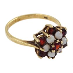 9ct gold opal and garnet cluster ring, hallmarked