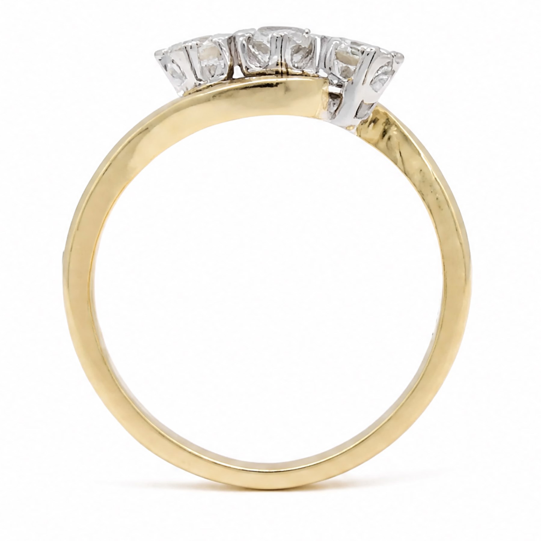 18ct gold diamond crossover ring, set with three round brilliant cut diamonds, hallmarked, total diamond weight 0.50 carat