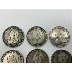 Six Queen Victoria silver crown coins, dated 1893, two 1896, 1898, 1899 and 1900