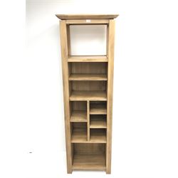 Tall solid oak modern bookcase, projecting cornice, stile supports 