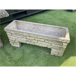 Cast stone garden bench, and two rectangular planters on plinths - THIS LOT IS TO BE COLLECTED BY APPOINTMENT FROM DUGGLEBY STORAGE, GREAT HILL, EASTFIELD, SCARBOROUGH, YO11 3TX