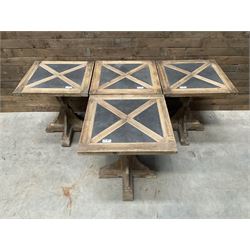 4 x Rustic square restaurant bistro table, parquetry top, X shaped base