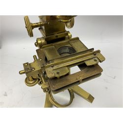 Mid 19th century brass monocular microscope by Andrew Ross, London No.180, with pitchfork base, rack and pinion focusing, revolving bed and swivelling barrel, with accessories, housed in a mahogany case with recessed carry handle and lockable doors