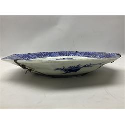 19th century Chinese blue and white bowl decorated with  pagoda river scenes, together with three plate oriental blue and white ceramics 