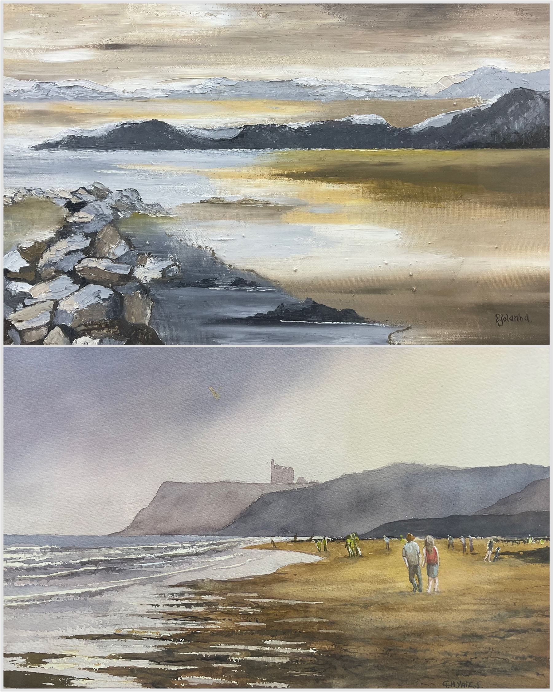 G H Yates (British 20th Century): 'From Sandsend to Whitby', watercolour signed, titled verso; Yolanda (British 20th Century): 'The Isle of Arran', oil on canvas signed, titled verso together with a Ron Wagstaff watercolour and another indistinctly signed pastel max 28cm x 38cm (4)