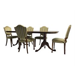 Regency design walnut twin pedestal extending dining table, rectangular burr top with rounded corners and crossbanding, raised on turned vasiform columns with tripod base, with additional leaf (D107cm W184cm/230cm, H76cm); and set eight (6+2) shield back dining chairs, upholstered in striped laurel green fabric, raised on tapering supports with spade feet, retailed by Geoffrey Benson