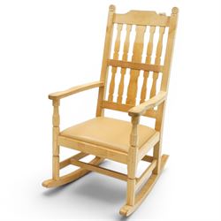 Beaverman - oak 'Ripley' rocking chair with shaped lathe backs and leather seat, with sign...