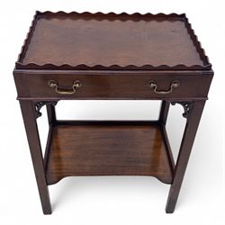 Living room items, comprising an 18th century design mahogany tray top table, the removable tray with shaped gallery, brass carrying handles and undertier stand, together with a French side chair with upholstered seat and X-stretcher base (Table H 74cm, W 54cm, D 36cm, chair H 94cm, W 41cm, D 42cm)