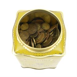 Queen Victoria 1891 silver crown coin, Queen Victoria 1849 'Godless' florin, Queen Victoria 'Gothic' florin (date rubbed), approximately 43 pre-1920 silver threepences, approximately 112 grams of pre-1947 silver coins, Roman Germanicus coin, and further Great British and World coins and banknotes, hosed in a green Ringtons tin