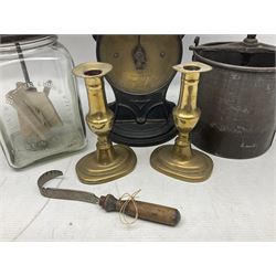 Glass jar hand crank Slow Butter Churn, together with Salter's scales, pair of brass candlesticks etc