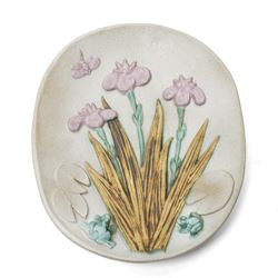 Bernard Rooke (1938-) - Studio pottery shallow dish with a raised pattern of lily pads, ir...