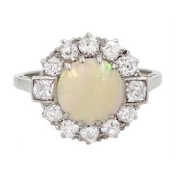 Art Deco white gold opal and old cut diamond cluster ring, stamped 18ct Plat, by Z Barraclough & Sons Ltd, total diamond weight approx 0.50 carat