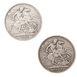 Two Queen Victoria silver one crown coins, 1889 and 1890, George III 1817 silver half crown, King George V 1935 silver half crown, and seven further coins