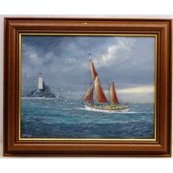  Jack Rigg  (British 1927-): Rounding the Fastnet Lighthouse, oil on board signed 34cm x 44cm  