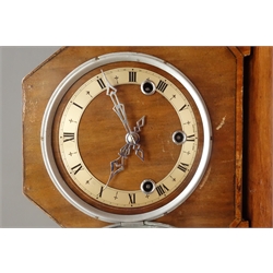  Art Deco walnut mantle clock, triple train Westminster chime movement, W34cm  