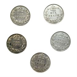 Five King Edward VII silver sixpence coins, dated 1902, 1903, 1905, 1907 and 1910