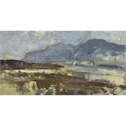 William B Dealtry (British 1915-2007): Cove with Sail Boats, oil on board signed 25cm x 48cm 