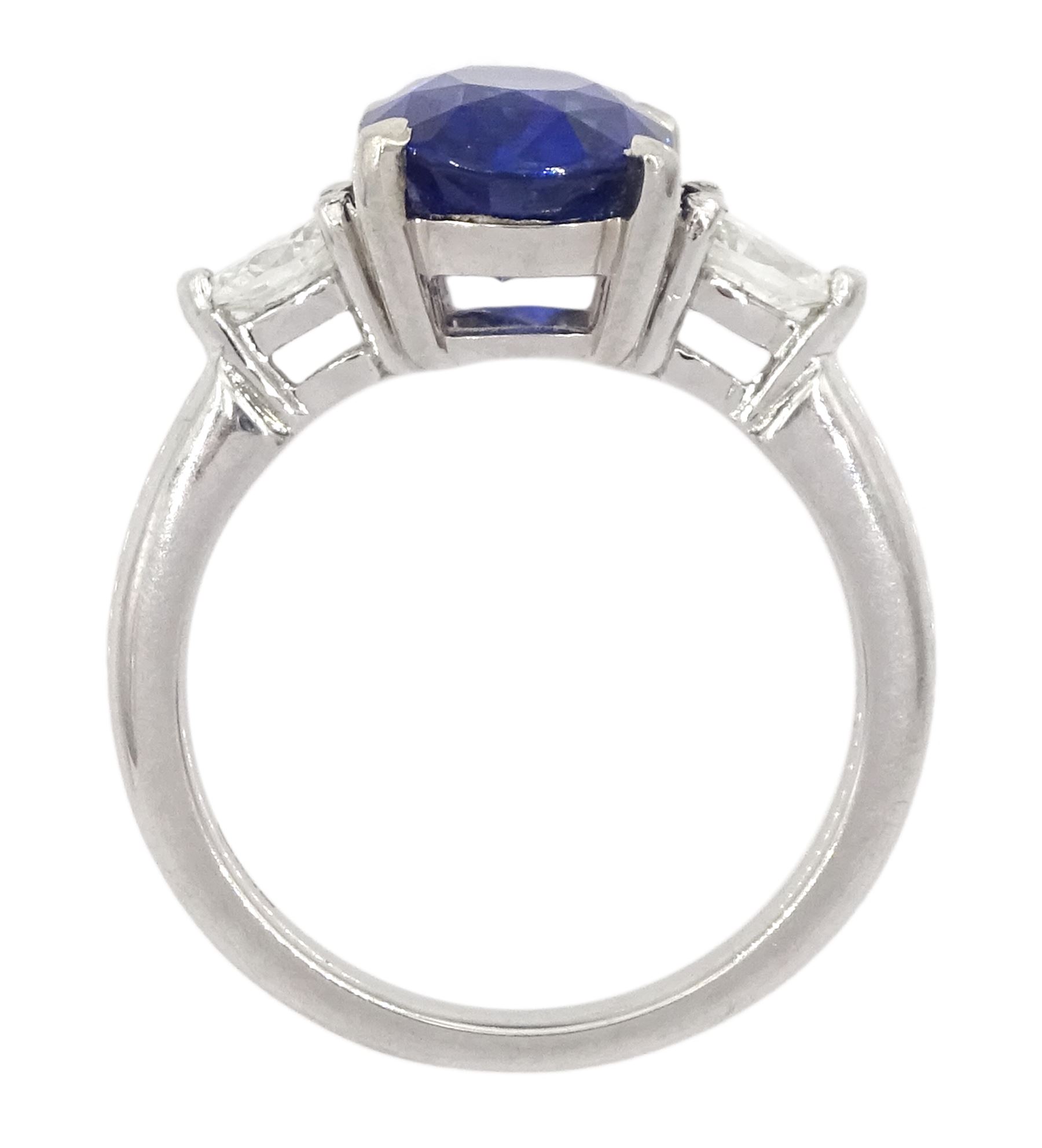 Platinum three stone oval cut sapphire and pear cut diamond ring, hallmarked, sapphire approx 2.70 carat