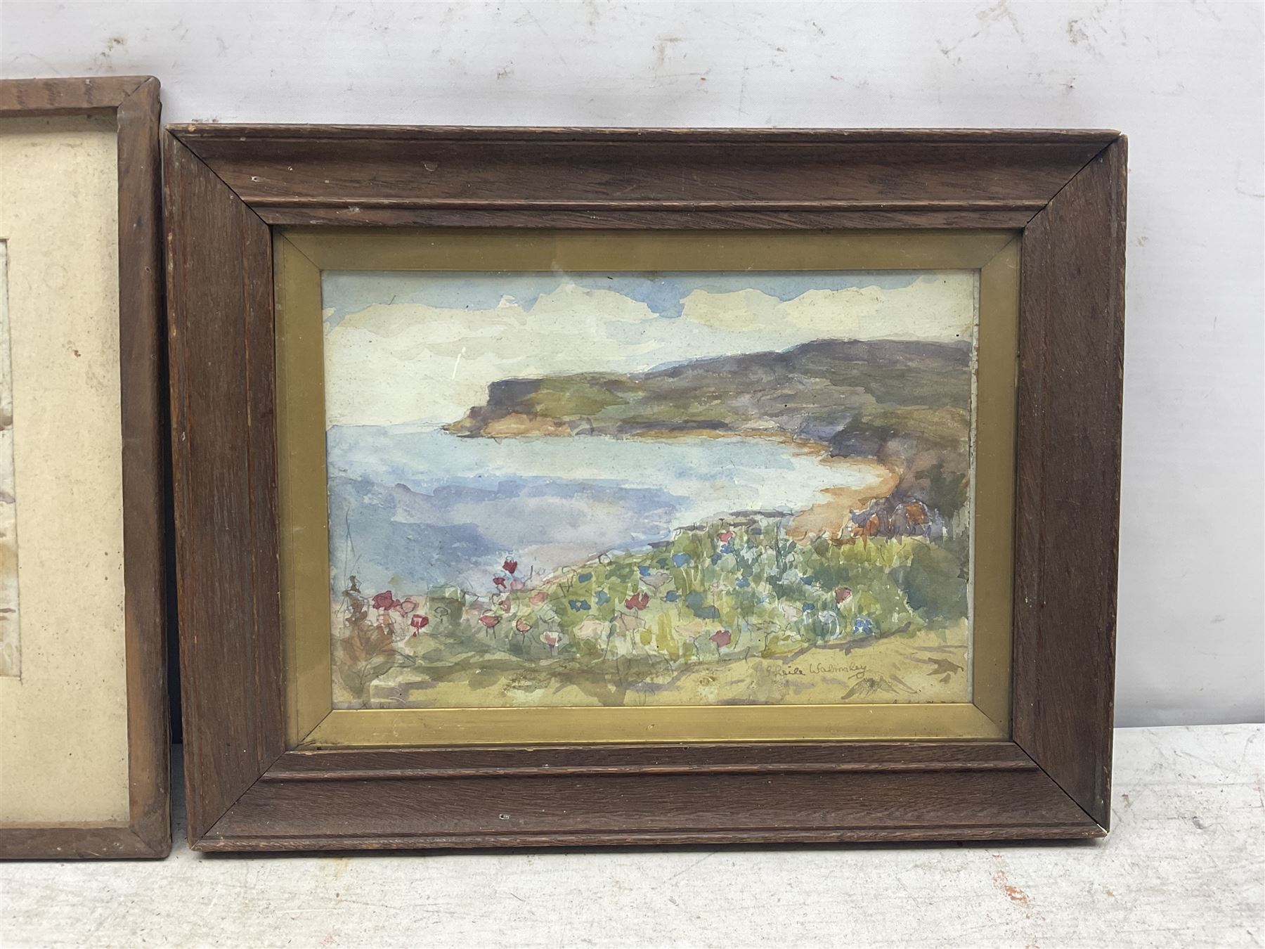 James Ulric Walmsley (British 1860-1954): Ravenscar viewed from Smailes Moor Farm, watercolour signed 16cm x 30cm; Sheila Walmsley (British mid 20th century): Spring Flowers above Robin Hood's Bay, watercolour signed 17cm x 25cm (2) 
Notes: Sheila was James Ulric's daughter.