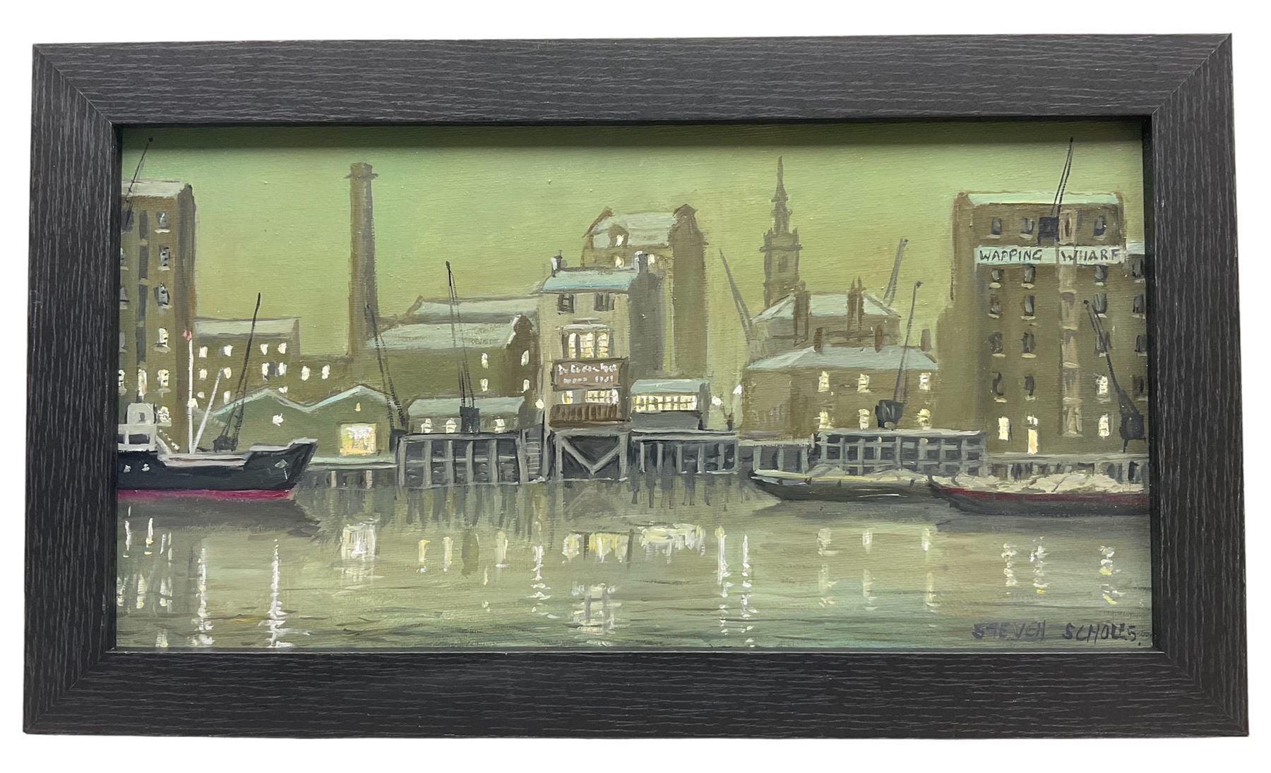 Steven Scholes (Northern British 1952-): 'The Prospect of Whitby - Wapping East London', oil on canvas signed, titled verso 19cm x 37cm