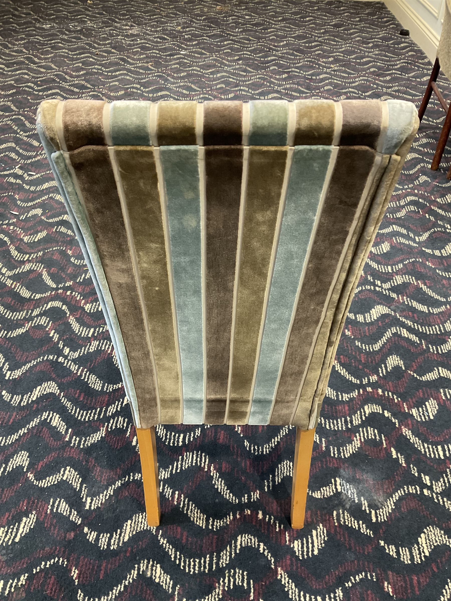 Nine high back dining chairs, cream and lime seats- LOT SUBJECT TO VAT ON THE HAMMER PRICE - To be collected by appointment from The Ambassador Hotel, 36-38 Esplanade, Scarborough YO11 2AY. ALL GOODS MUST BE REMOVED BY WEDNESDAY 15TH JUNE.