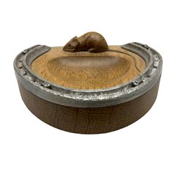 Mouseman - oak horseshoe ashtray, rounded triangular form with mounted horseshoe, carved with mouse signature, by the workshop of Robert Thompson, Kilburn, L13cm