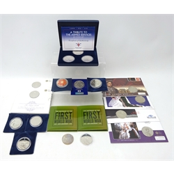  Collection of twenty Great British five pound coins including 'A Tribute to the Armed Services coin set', boxed with certificate, two 2015 'The Royal Birth' brilliant uncirulated five pound coins in Royal Mint display cards, 2009 'Henry VIII' five pound coin cover, 2011 'Lest We Forget' five pound coin, 2012 Diamond Jubilee five pound coin cover and twelve other five pound coins, in covers, capsules and loose  