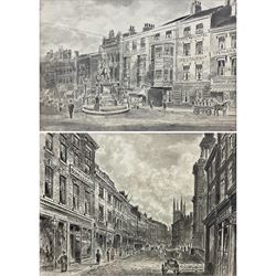 Frederick Schultz Smith (Hull 1860-1925): King William Statue and a Hull Street Scene, two monochrome watercolours and ink signed 15cm x 22cm and 14cm x 19cm (2) 
Notes: Born in Worthing, Sussex in 1860, F S Smith came to Hull as a small child and lived most of his life in the old St. John's Wood area in west Hull; he was still drawing in his sixties shortly before his death in 1925. Much like his near contemporary and fellow Yorkshire artist Albert Thomas Pile (1882-1981), his drawings are visual 'snapshots' in time, often produced to record buildings that were due to be demolished. Smith was commissioned to produce around three hundred drawings for C E Fewster, a paint maker in Hull who collected historical records. Some were also used as illustrations in books and newspapers, such as the Eastern Morning News, whilst others were sold to the owners of premises which he had drawn.