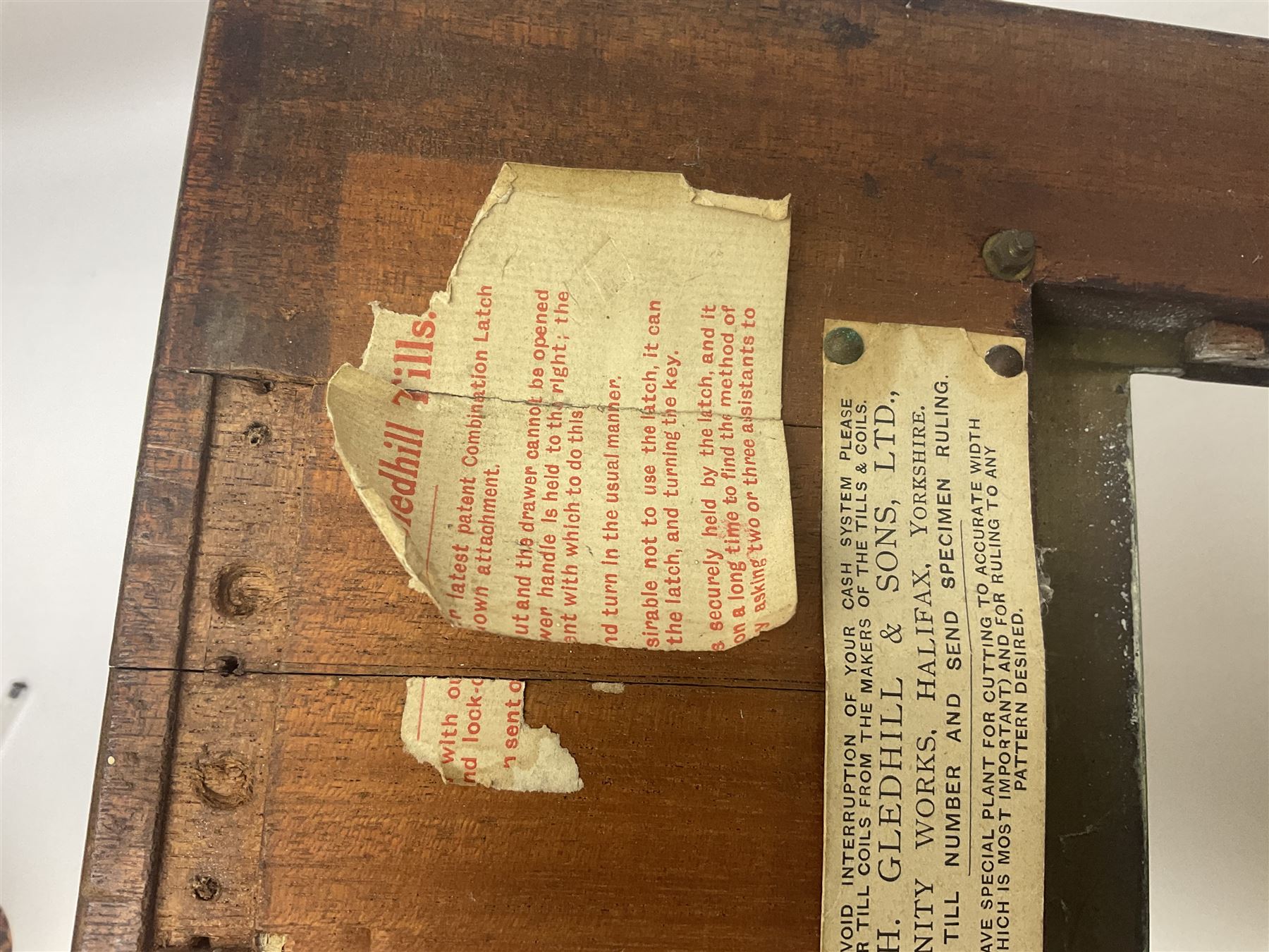 Wooden Gledhill till with paper labels to interior and a set of Salter scales with weights, till H17cm