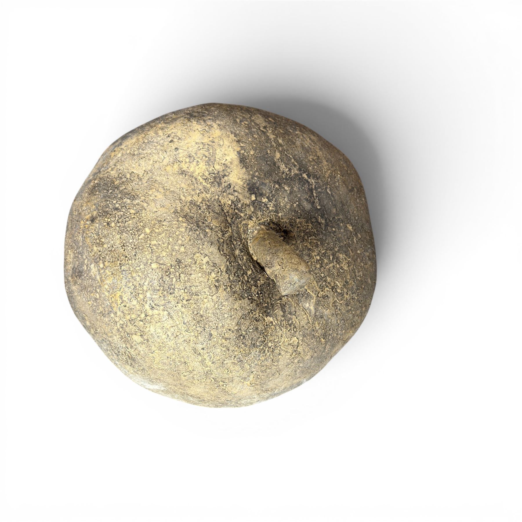 Pair of weathered cast stone garden models of fruit, in the form of an apple and pear