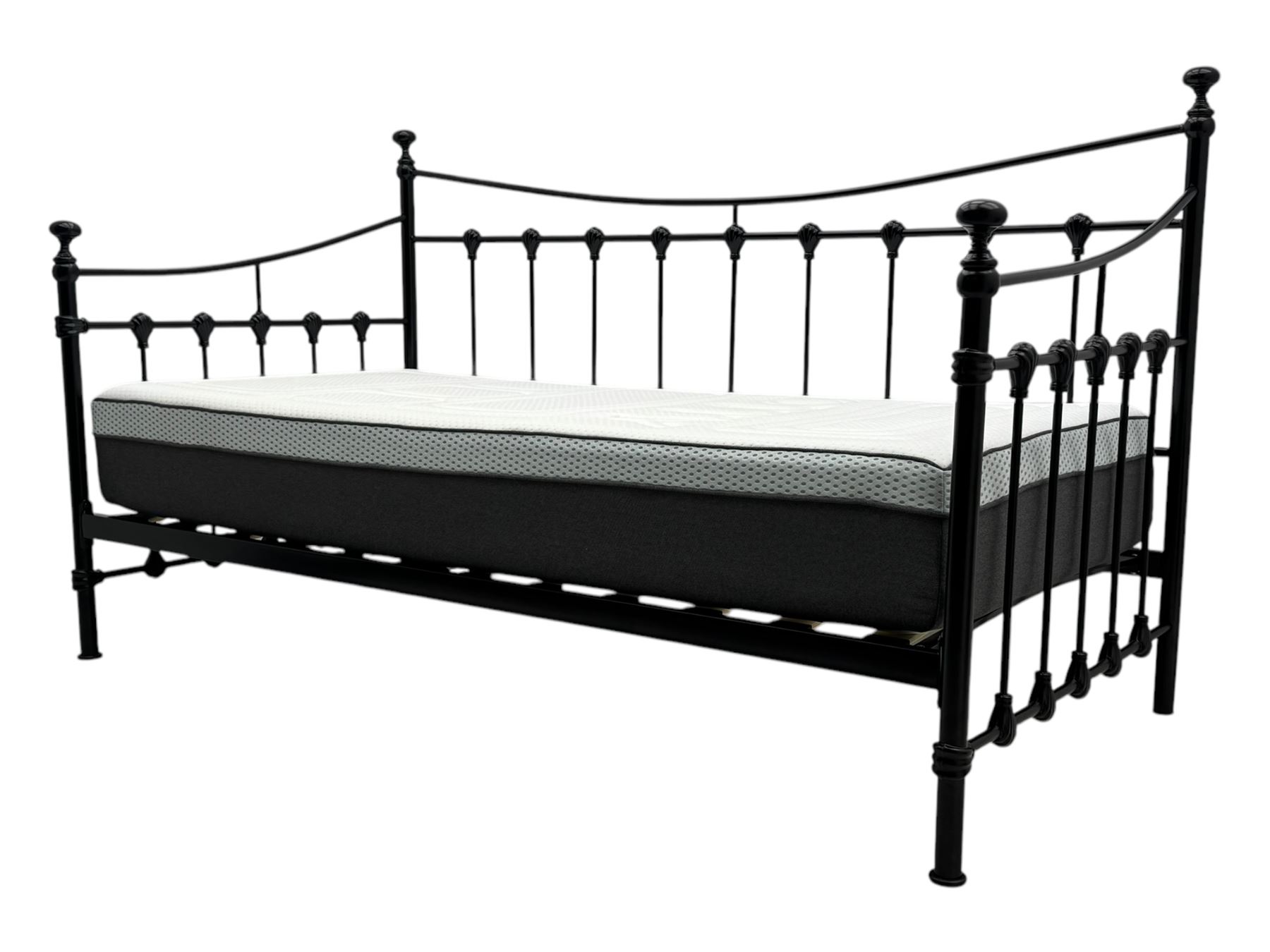Contemporary Victorian revival black metal day bed, featuring arched back and sides with turned finials and spindle rails, complete with single 'OTTO' mattress