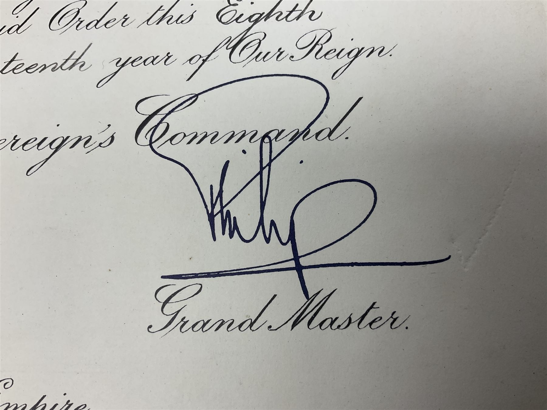 George VI Knight of the Garter cloth beret insignia with pin back and photograph of the Knight's Robes; Edmund Fellowes book on The Knights of the Garter 1348-1939; together with EIIR civilian OBE certificate to Jeffery Stanford Agate with facsimile signatures of Elizabeth II and Prince Philip