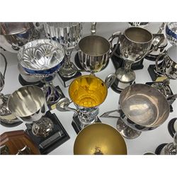 Collection of silver plated and metal trophy cups and winners plaques, all relating to the Burniston and District Show, most engraved with competitions and winner's names, in three boxes 