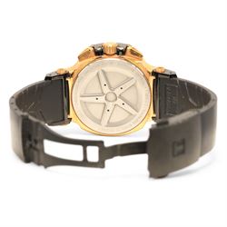 Tissot T-Race gentleman's stainless steel chronograph quartz wristwatch, Ref. T04817, black dial with Arabic and indexes hour markers and subsidiary dials, on black rubber strap with fold-over clasp, boxed with warranty card dated 2012