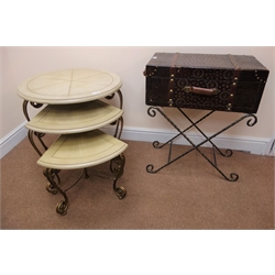  Nest of three tables on scrolled gilt metal supports (D61cm, H62m) and a modern trunk on folding stand (2)  