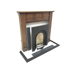 Victorian cast iron fire inset with iron kerb, slate inset with 1930s oak surround, W152cm, H130cm