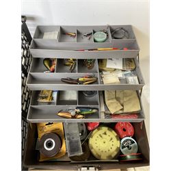 Collection of fly fishing tackle, reels and fishing fly dressing equipment, together with a pair of Omega binoculars in case 
