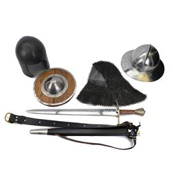 Selection of reenactment related items, including Archers sword, helmet and shield, with another helmet and chain mail 