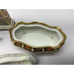 Royal Crown Derby Haiku pattern miniature clock, together with 1128 Imari pattern trinket box with cover and teddy bear figure, all with printed marks beneath   