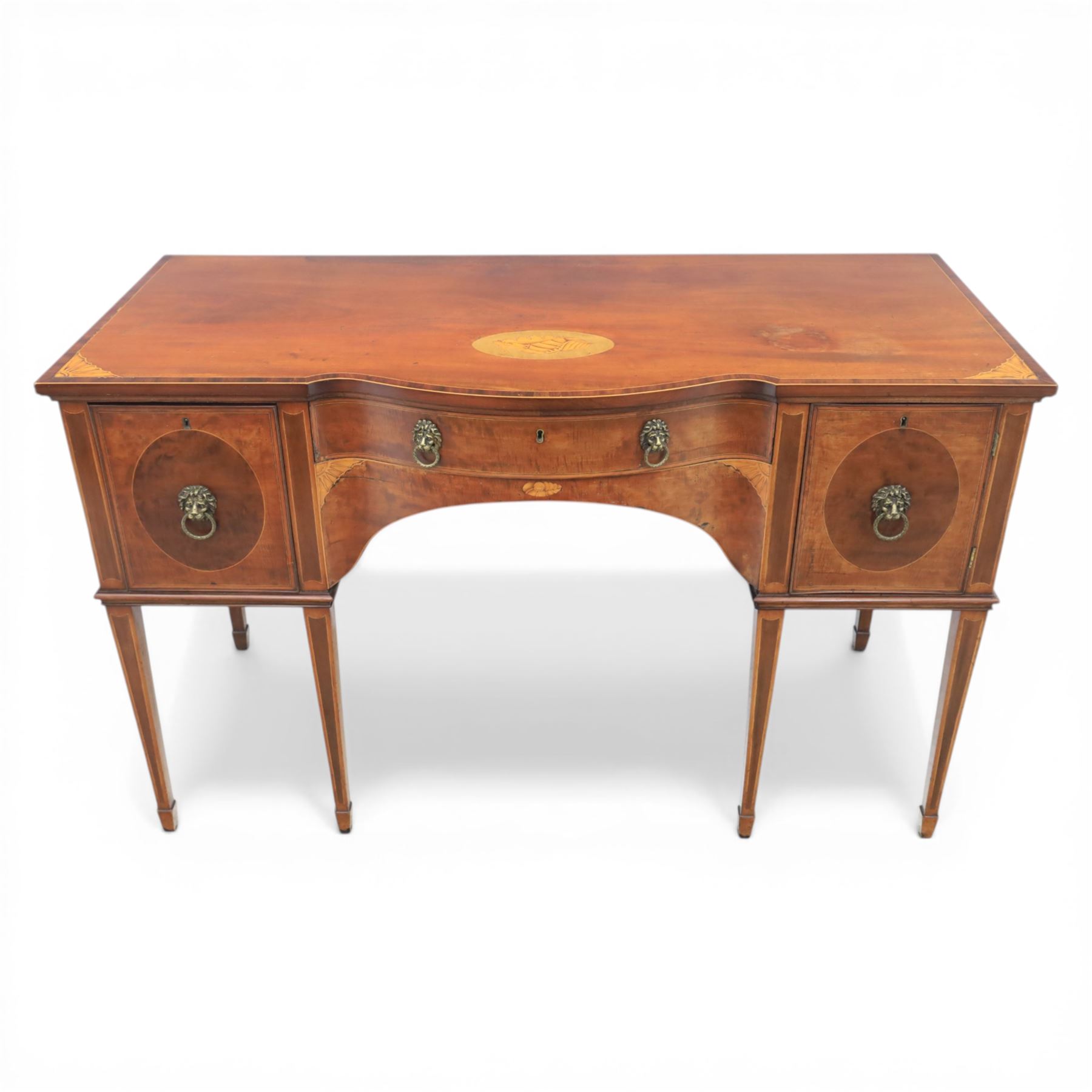George III Sheraton design serpentine inlaid mahogany and satinwood sideboard