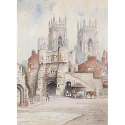 Albert Henry Findlay (British 1880-1975): 'Bootham Bar - York', watercolour signed and titled, 37cm x 27cm; together with a circular oil depicting Wollaton Hall, D21cm (2)