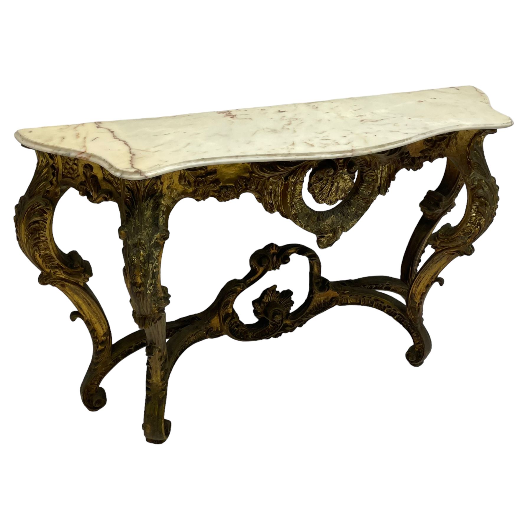 French Rococo design console or pier table, shaped and moulded pale marble top, the apron carved with pierced shell and scrolling acanthus leaves, extending flower head decoration, on four acanthus carved cabriole supports with scrolled terminals, united by shell moulded stretcher rails with central scrolled foliage cartouche 