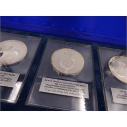 British Commemorative Society Ltd, set of six commemorative .999 fine silver proof medals, no. 13 to 18 , to include The Dunkirk Medal, The Captain Cook Medal, The Battle of Agincourt Medal, The Prince of Wales Investiture Medal, The Stonehenge Medal and The Queen Elizabeth Medal, each contained within clear perspex cases, in a silk lined fitted case