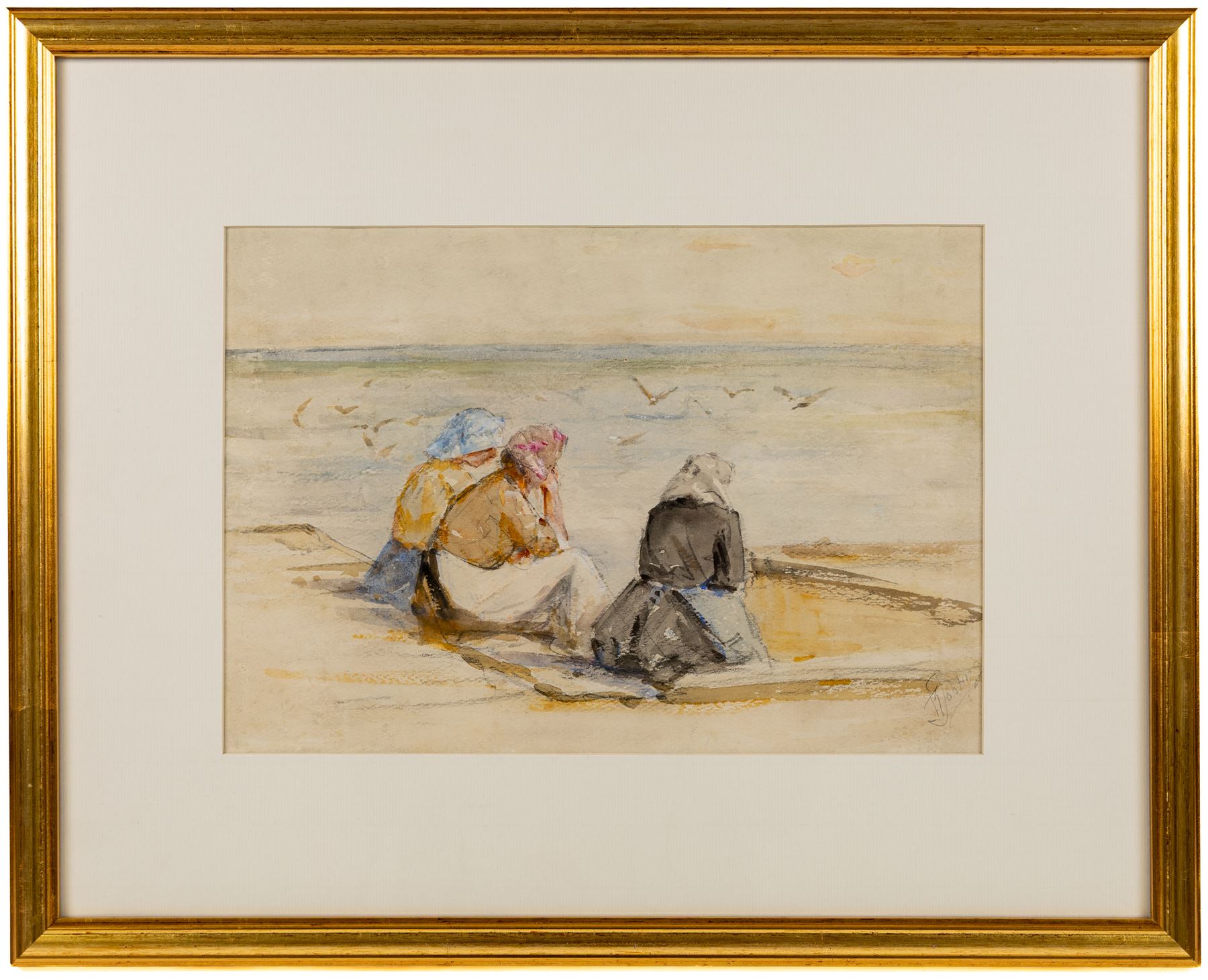 Robert Jobling (Staithes Group 1841-1923): Three Staithes Fishergirls Looking Out to Sea, watercolour signed 23cm x 33cm