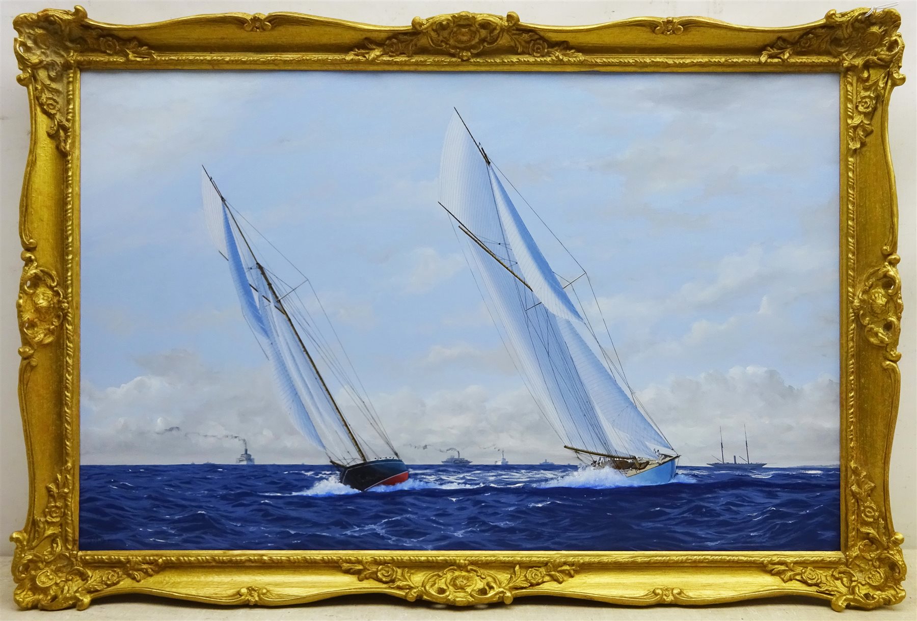 James Miller (British 1962-): America's Cup Series the 8th Challenge 1893 'Valkyrie II' & 'Vigilant', oil on canvas signed, titled verso 44cm x 70cm