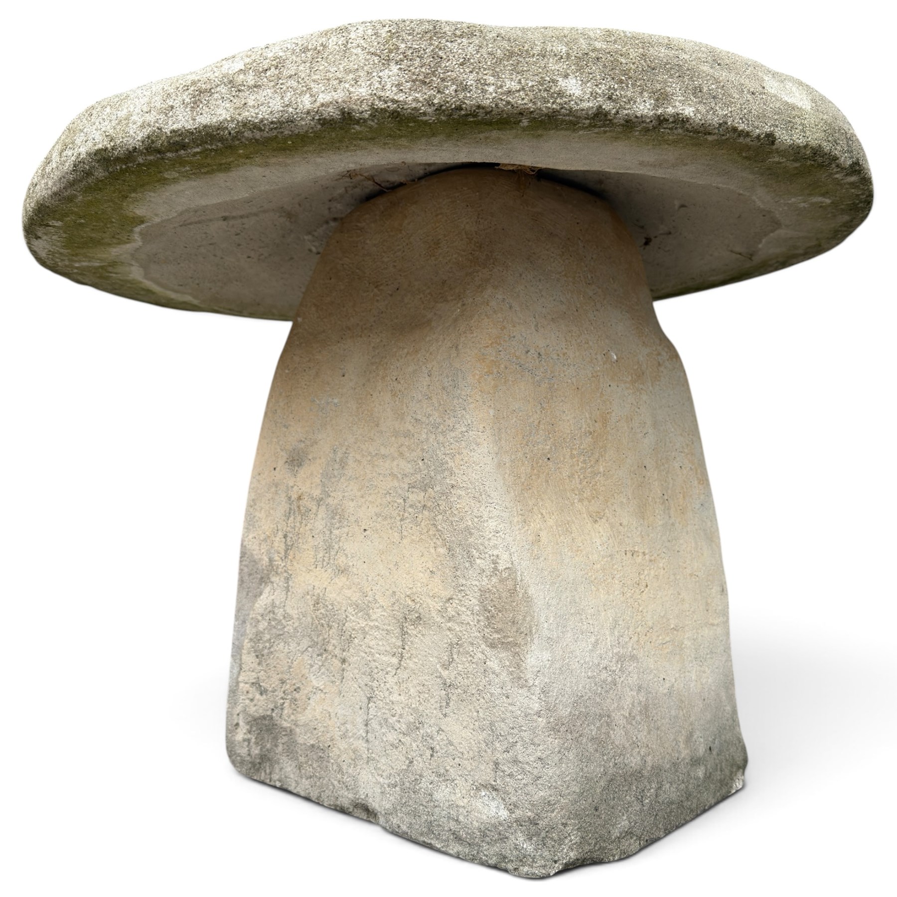 Weathered cast stone two-piece staddle stone of squat form, domed circular top over square-tapering pedestal base